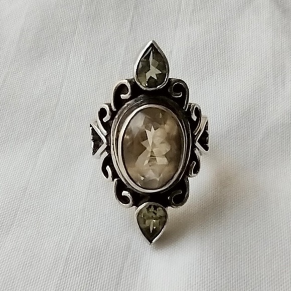 Vintage Chunky Sterling Silver Citrine Bali Style Ring w/ Peridot Accent Size 7 - Picture 6 of 6